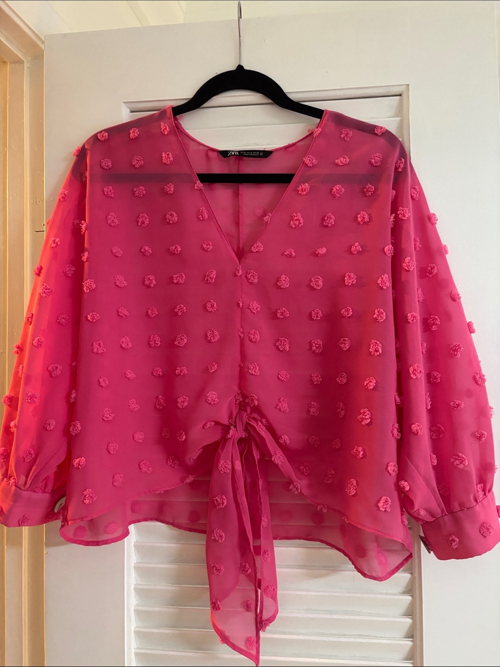 Zara Bright Pink Sheer Tie-Front Blouse